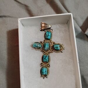 Vibrant Turquoise and real  silver Cross Necklace with Intricate Metalwork
